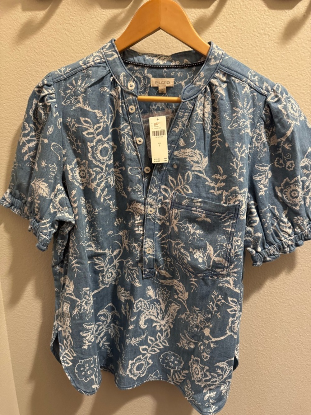 Anthropologie Pilcro The Aly Puff-Sleeve Blouse Blue Floral Size Large NWT
